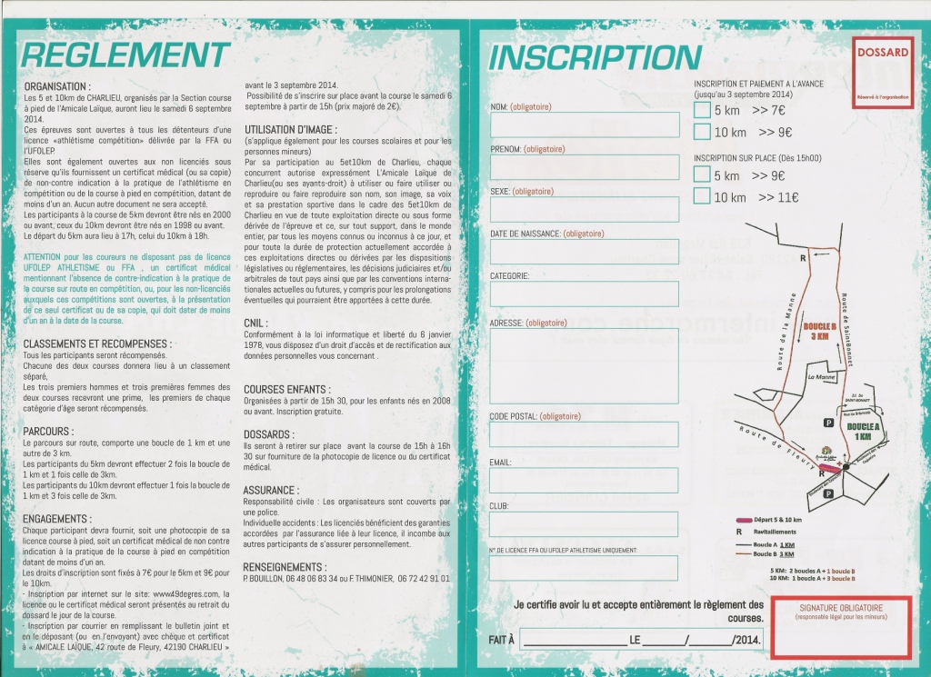 Inscription et reglement 10 km charlieu 2014